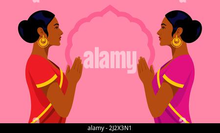 Two beautiful indian woman. Female portraits in bright sari. Side view. Modern vector illustration on white background. Stock Vector