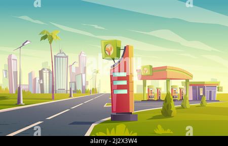 Gas and charger station with oil pump, cable with plug for electric car, market and prices display on road to tropical town. Vector cartoon cityscape Stock Vector