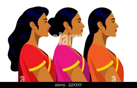 Indian women. Different beautiful Indian bright women in national clothes. Different hairstyles, garment, faces. Portrait side view, avatar. Modern ve Stock Vector