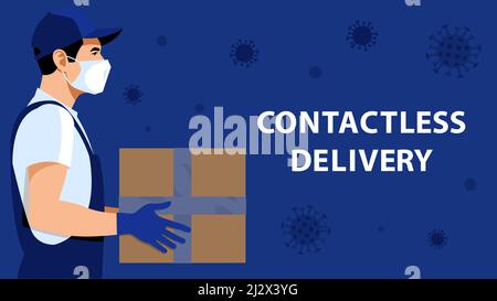 Contactless delivery concept. Delivery man or courier in white medical mask and gloves  keeping a box. Safe delivery of parcels, purchases, goods. Stock Vector