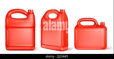 Red plastic canister for liquid fuel, chlorine, motor oil, car lubricant or detergent. Vector realistic mockup of gallon bottle with cap and handle, b Stock Vector