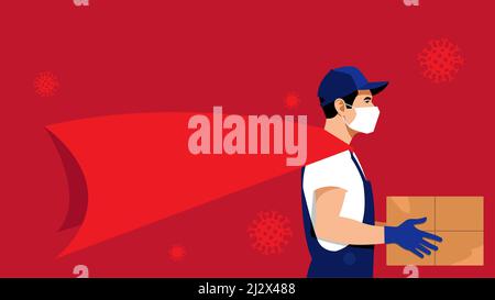 Contactless delivery. Courier in protective medical mask and gloves keeping cardboard box. Delivery in during the epidemic. Concept of delivery, parce Stock Vector