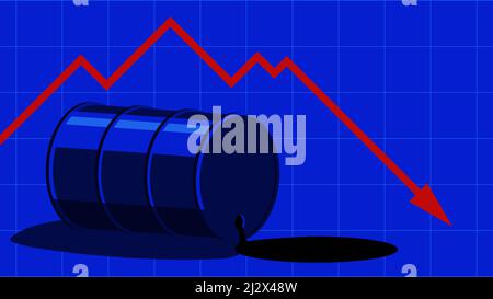 The fall in the price of oil. Barrel of oil and red fall graph. The cost decreases. The crisis of the economy. Blue vector  illustration. Stock Vector