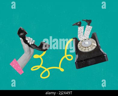 Contemporary art collage. Retro, vintage design. Old styled telephone with human legs sticking out isolated over green background Stock Photo