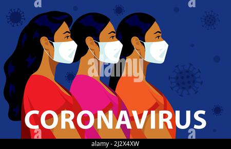 Coronavirus in India. Indian women in white medical masks. Female portraits surround viruses in the air. Concept of coronavirus, quarantine, lockdown. Stock Vector