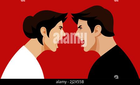 People are yelling at each other. Furious woman screams at angry man. Aggressive conflict between people. Concept of conflict, nervous breakdown, disp Stock Vector