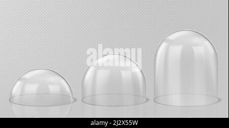 Realistic glass domes, christmas snow globe souvenirs isolated on transparent background, crystal semisphere containers small, medium and large size. Stock Vector
