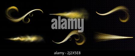 Gold magic spray, fairy glitter dust with golden particles trace. Stardust trails, glow waves with sparks and smoke. Yellow shining shimmer on black b Stock Vector