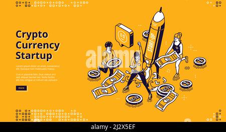 Crypto currency startup banner. Concept of launch and management business project with blockchain and digital money. Vector landing page with isometri Stock Vector