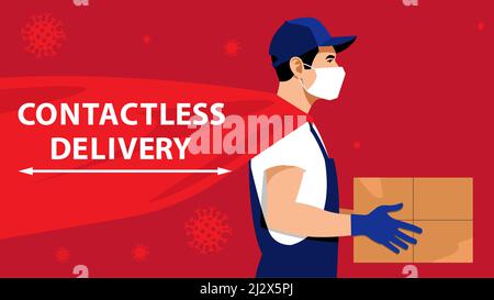 Contactless delivery. Courier in protective medical mask and gloves keeping cardboard box. Shipping in The World during the lockdown. Concept of deliv Stock Vector