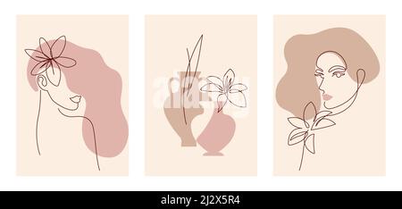 Set of line art poster with woman. Female face with flower in hair, abstract vases. One line drawing. Contemporary hand drawn abstract line art illust Stock Vector