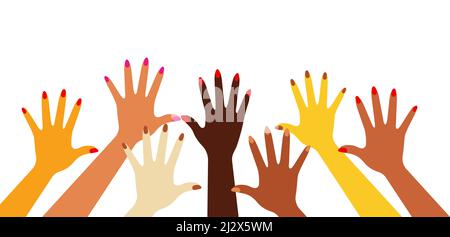 Women's hands are raised up. Women of different ethnicities raised their hands to demonstrate. Сoncept of voting, meeting, greeting. Modern vector ill Stock Vector