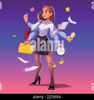 Business woman with many hands. Concept of professional multitask. Vector cartoon character secretary, manager or boss with phone, clock, note pad and Stock Vector