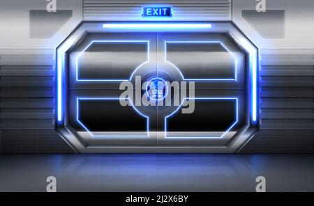 Metal door with exit sign, neon glowing and panel with buttons for password insert. Sliding gates in spaceship . shuttle or secret laboratory entrance Stock Vector