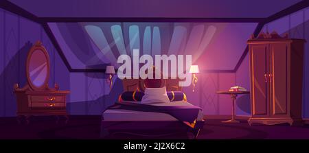 Luxury bedroom interior on attic at night. Vector cartoon mansard sleeping room with bed, window in roof, wardrobe, golden lamps and dressing table wi Stock Vector