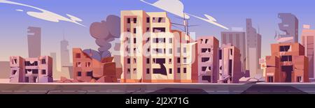 City destroy in war zone, abandoned buildings with smoke. Destruction, natural disaster or cataclysm consequences, post-apocalyptic world ruins with b Stock Vector