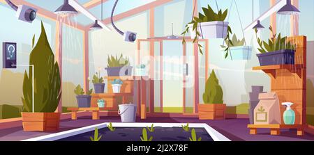 Smart farm, futuristic technologies in farming industry. Digital devices in greenhouse automatically control plants growing and watering, robotics agr Stock Vector