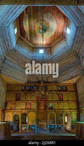 Russia, Veliky Novgorod, Novgorod Oblast, 2021 June 04: Interior of Wooden Church of Assumption in Vitoslavlitsy village near Novgorod Great. Russia. Stock Photo