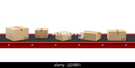 Conveyor belt with cardboard boxes at factory, plant or warehouse. Vector realistic illustration of automated machine in production line with product Stock Vector