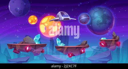 Space game level background with platforms. Vector cartoon illustration of universe with alien planets, stars and spaceship for gui interface of arcad Stock Vector