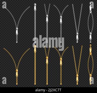 Metal zip fasteners, silver golden zippers with differently shaped puller and open or closed black fabric tape, clothing hardware isolated on transpar Stock Vector