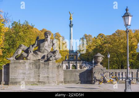 Munich; Luitpold Bridge, old Bavaria ramp figure, angel of peace, prince regent terrace Stock Photo