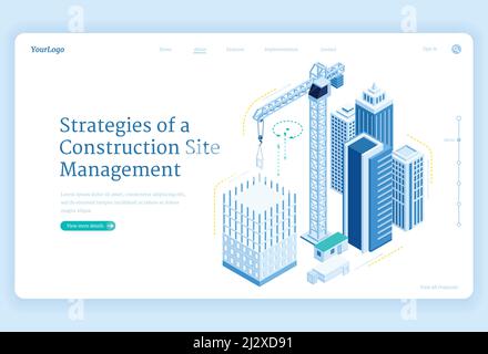 Strategies of construction site management banner. Engineering, manage and development project of house build. Vector landing page with isometric illu Stock Vector