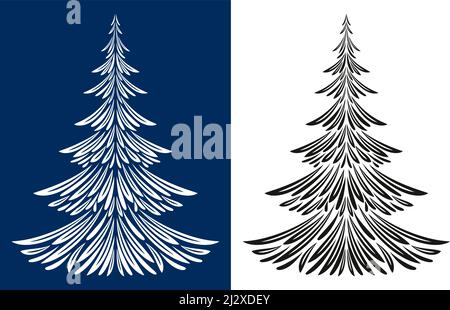 Christmas Fir Trees, Symbolical Pictogram, Black and White Contours Isolated on Blue and White Background. Vector Stock Vector