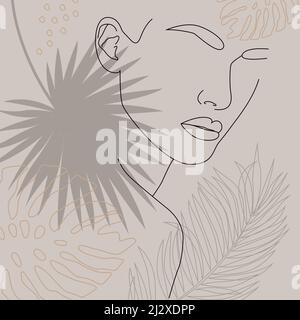 A woman's face. One line drawing the face and hair. Abstract female portrait. The modern art of minimalism. Stock Vector