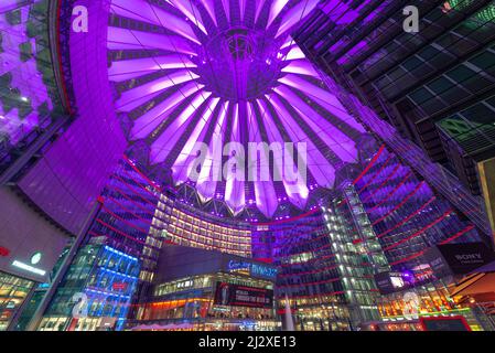 BERLIN, GERMANY - SEPTEMBER 20, 2013: Sony Center at night. The center is a public space located in the Potsdamer Platz financial district. Stock Photo