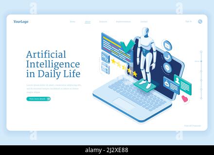 Artificial intelligence in daily life banner. Chat bot, digital assistant concept. Vector landing page of service with AI technologies. Isometric illu Stock Vector