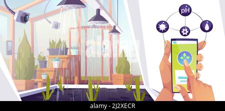 Smart farm, futuristic technology in farming industry. Female hand with smartphone control digital wireless devices in greenhouse for growing or water Stock Vector