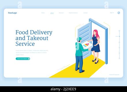 Food delivery and takeout service. Shipping order from restaurant, catering or store to house door. Vector landing page with isometric illustration of Stock Vector