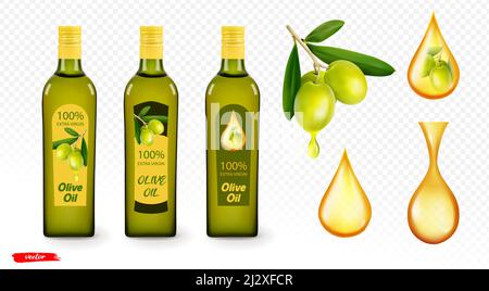 Olive branch and olive oil bottle isolated. Oil drops on transparent background. Realistic vector illustration of olive oil. Mockup of olive oil bottl Stock Vector