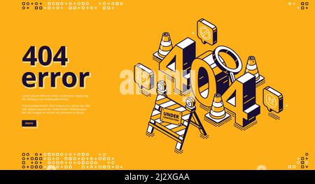 404 error isometric landing banner, website maintenance, page not found concept with traffic cones and sign under construction. lost internet connecti Stock Vector