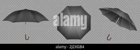 Black umbrella, parasol top, side and front view. Waterproof accessories for rainy autumn weather, design element isolated on transparent background. Stock Vector