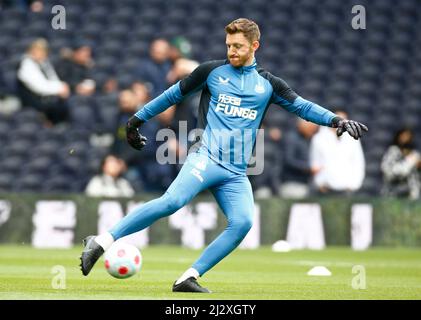 London, England - APRIL 03: Newcastle United's Karl Darlow during the pre-match warm-up  during  Premier League between Tottenham Hotspur and Newcastl Stock Photo