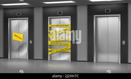 Broken elevators closed for repair or maintenance. Warning sign hang on lift damaged doors with dent, chrome metal doorway gate wrapped with warning y Stock Vector