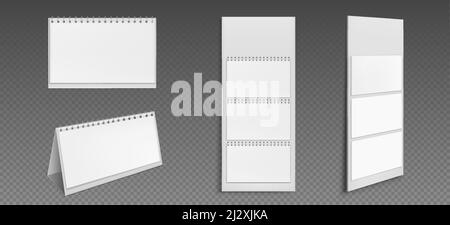 Calendar mockup with blank pages and binder. Desktop and wall paper calender front and side view. Agenda, almanac template isolated on transparent bac Stock Vector