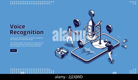 Voice recognition banner. AI technologies for recording sound, dictate messages and speech. Vector landing page with isometric illustration of microph Stock Vector