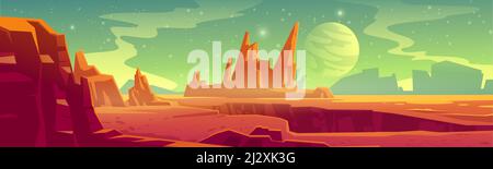 Alien planet landscape for space game background. Vector cartoon fantasy illustration of cosmos and Mars surface with red desert and rocks, satellite Stock Vector