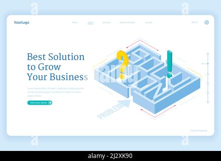 Best solutions for business grow isometric landing page with maze and question or exclamation marks inside, labyrinth challenge, aim achievement strat Stock Vector