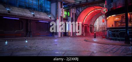 Cyberpunk concept panoramic 3D illustration of a dark seedy futuristic city street at night with fast food bar on the corner. Stock Photo