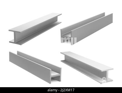 Metal construction beams, steel structure girders isolated on white background. Vector realistic set of iron joist for building, stainless structural Stock Vector