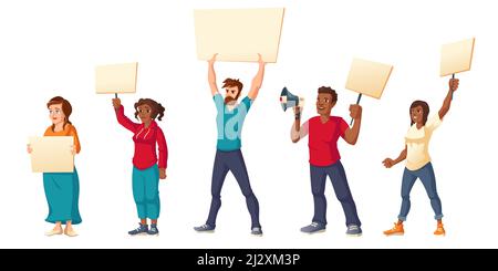 People strike, angry men and women with placards protest on rally demonstration. Characters holding banners and megaphone fight for their rights, citi Stock Vector