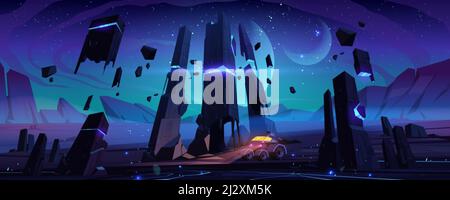 Explorer robot on alien planet surface at night. Vector cartoon ...