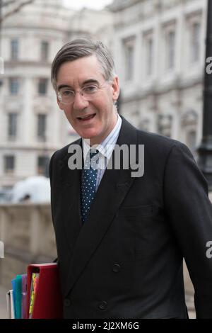 UK Minister of State for Brexit Opportunities and Government Efficiency Jacob Rees-Mogg appears outside cabinet office for weekly cabinet meetings. Stock Photo