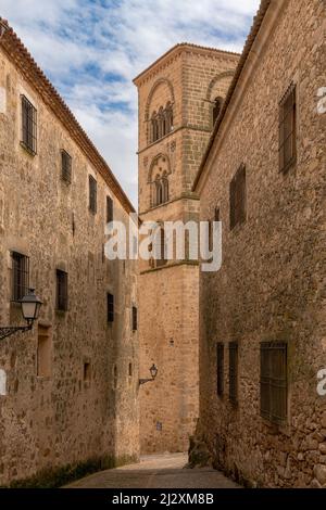 Trujillo, Spain - 29 March, 2022: narrow cobblestone street leads through the historic and picturesque Old Town of Trujillo Stock Photo