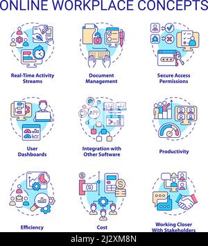 Online workplace concept icons set Stock Vector