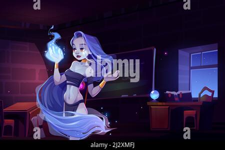 Woman nymph in magic school interior, fantasy character looking on wizard fire on hand. Young witch wear loincloth, wrapped into long hair admire of m Stock Vector